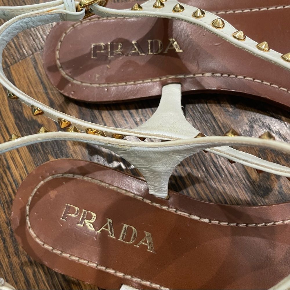 PRADA White Patent Leather Gold Studded Sandals - Picture 4 of 14